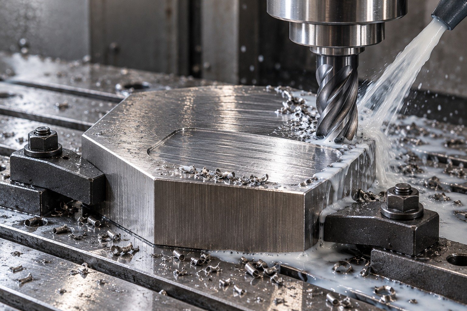 A thick hexagonal tooling insert clamped with low toe clamps, carbide end mill machining a broad accessible relief with localized milky coolant and realistic wet chips. — illustrative generated component concept