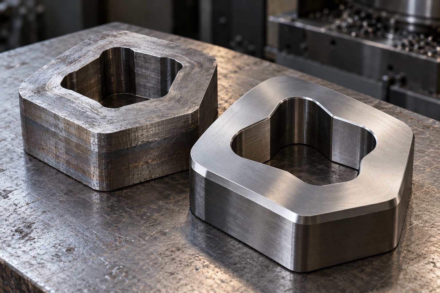 Two thick tooling inserts with different rounded polygonal apertures and broad supporting sections, rough stock bands on one and ground locating faces on the other. — illustrative generated component concept