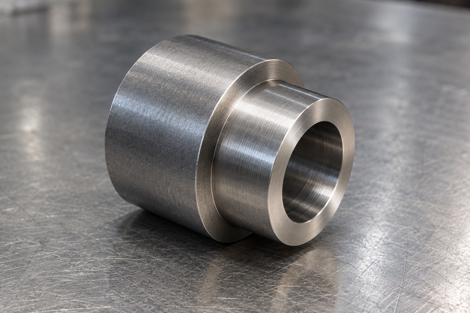 A short thick stepped high-speed-steel bushing coupon with restrained satin grey outside surface and bright locating end faces, treatment appearance review only. — illustrative generated component concept