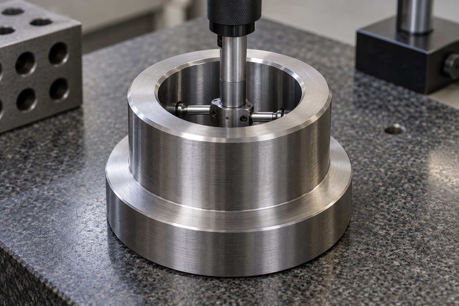 A thick stepped wear bushing on granite with compact bore-gauge contacts inside the accessible central bore, no hands or numerical display. — illustrative generated component concept