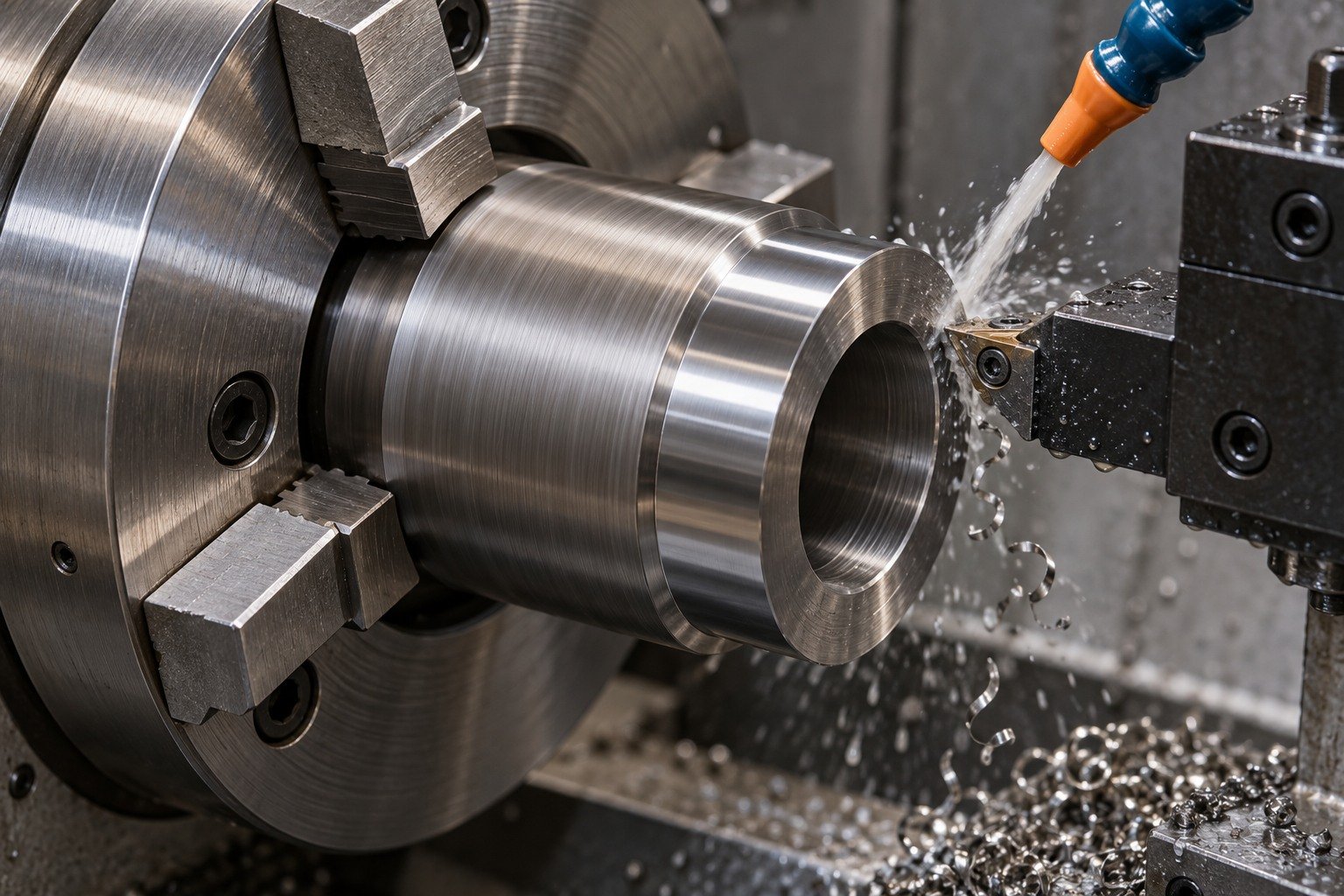 A thick short wear bushing held securely in a lathe chuck, carbide tool cutting an accessible locating diameter with localized coolant and short metallic chips. — illustrative generated component concept