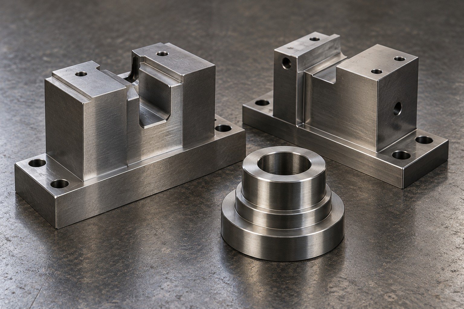 Two distinct wear tooling blocks with broad mounting lands and a short thick stepped bushing, satin ground locating surfaces, catalog composition. — illustrative generated component concept