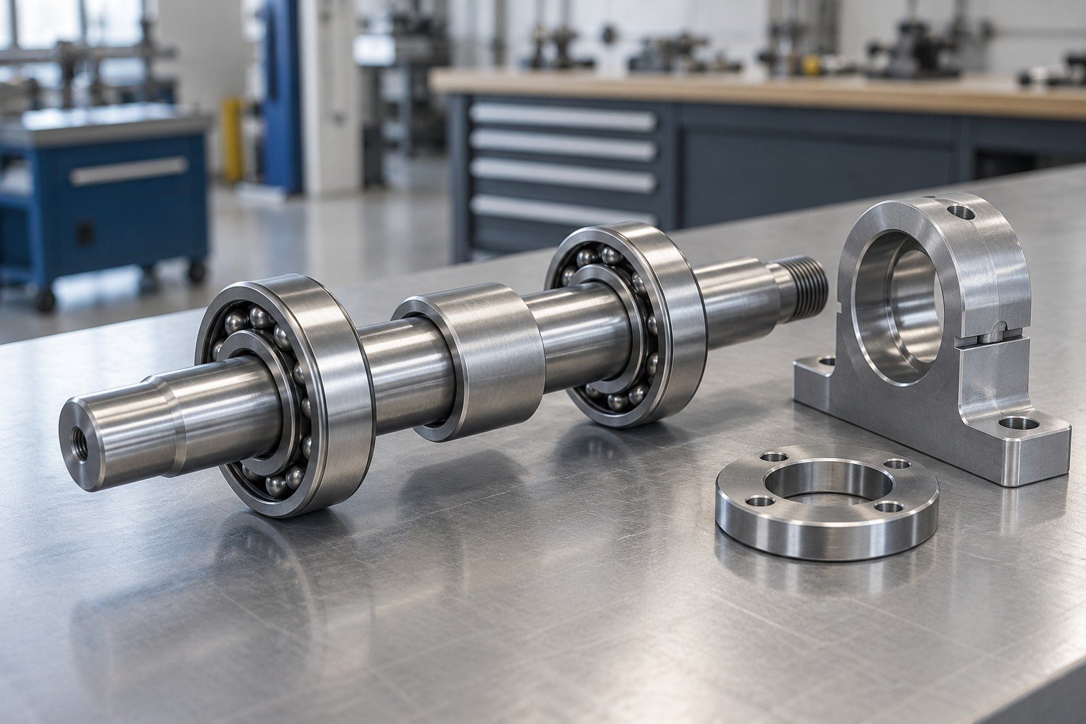 Steel shaft with two mounted ball bearings, spacer and compact machined end support; three-quarter wide view of the entire component set, separated mating pieces