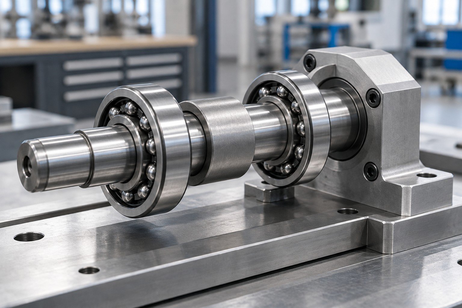 Steel shaft with two mounted ball bearings, spacer and compact machined end support; close oblique view of locating interfaces and support fixture