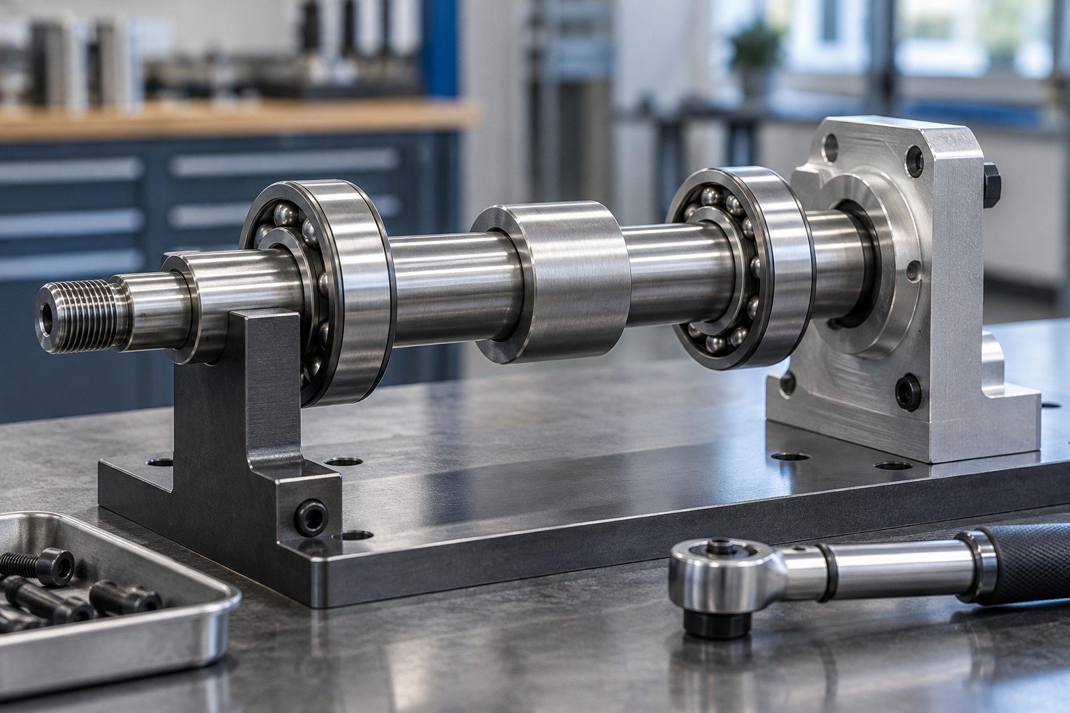 Steel shaft with two mounted ball bearings, spacer and compact machined end support; side view of partially assembled components with appropriate fixture and hand tool, no operator