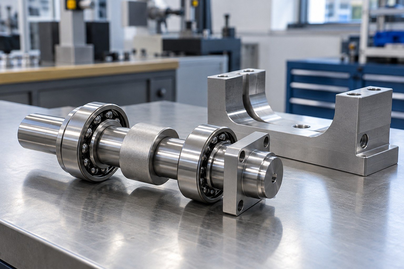 Steel shaft with two mounted ball bearings, spacer and compact machined end support; finished assembly beside a simple unmarked checking fixture
