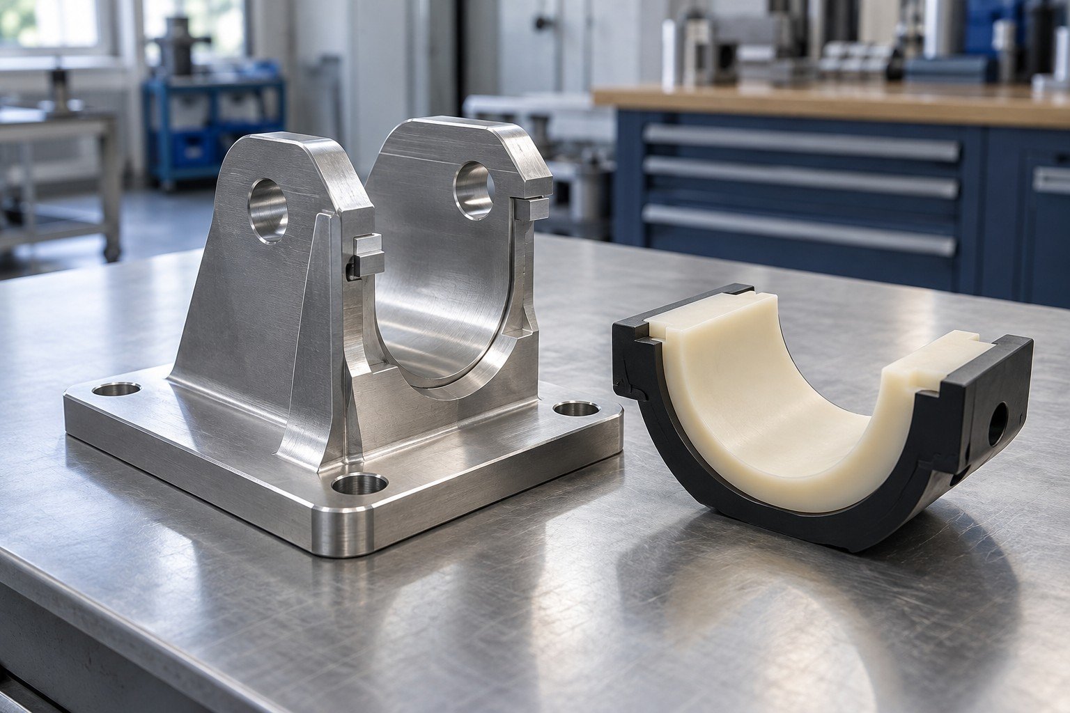 Metal mounting bracket with polymer wear pad and controlled clean bonding interface; three-quarter wide view of the entire component set, separated mating pieces