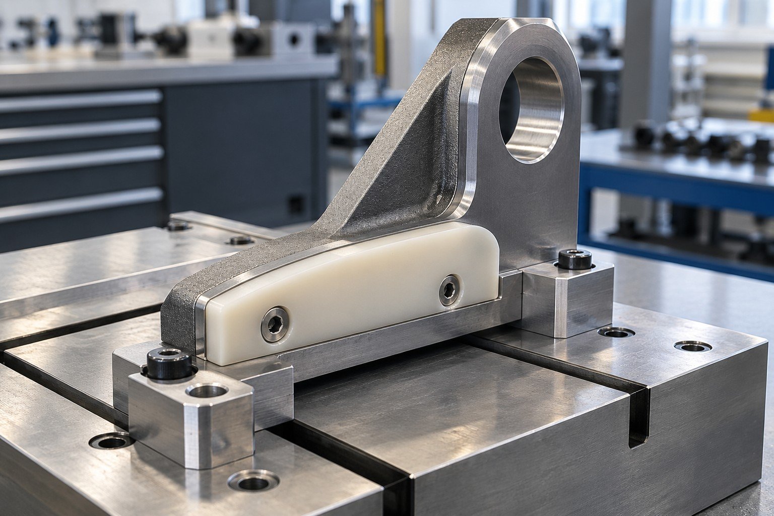 Metal mounting bracket with polymer wear pad and controlled clean bonding interface; close oblique view of locating interfaces and support fixture