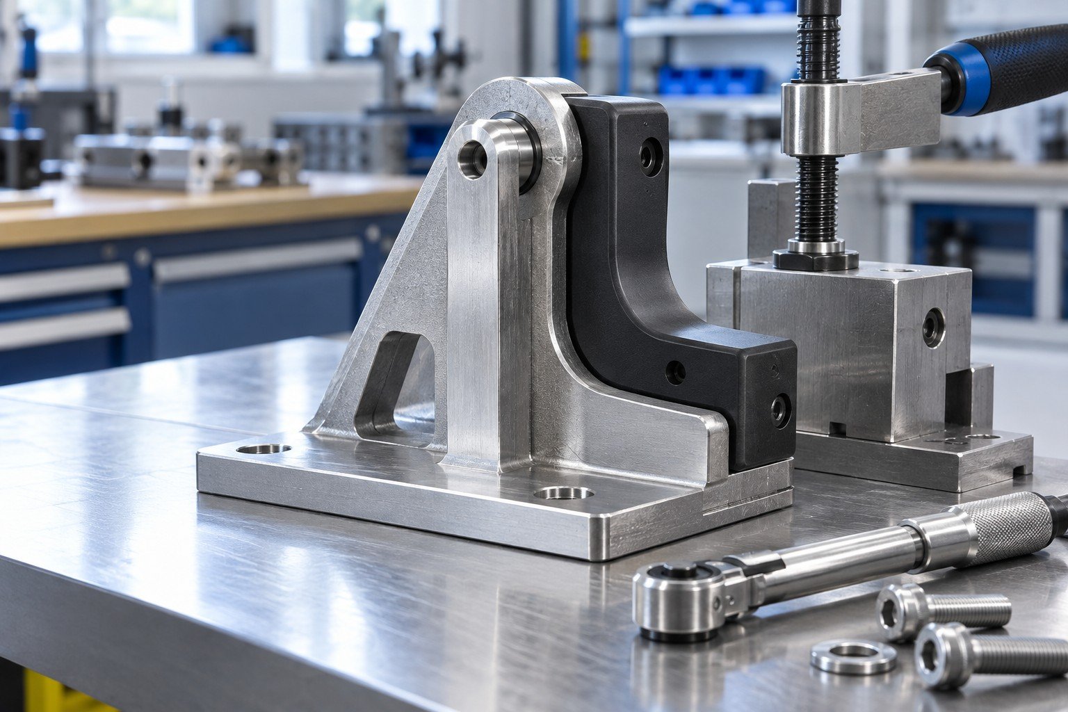 Metal mounting bracket with polymer wear pad and controlled clean bonding interface; side view of partially assembled components with appropriate fixture and hand tool, no operator