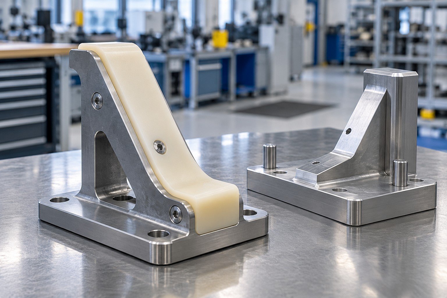 Metal mounting bracket with polymer wear pad and controlled clean bonding interface; finished assembly beside a simple unmarked checking fixture