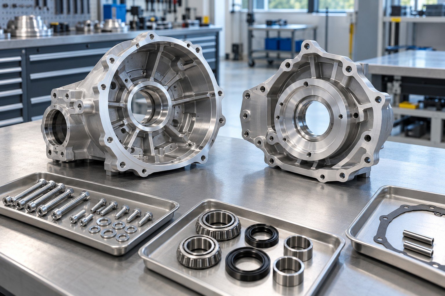 Incoming mechanical housings and fasteners organized in separate clean trays