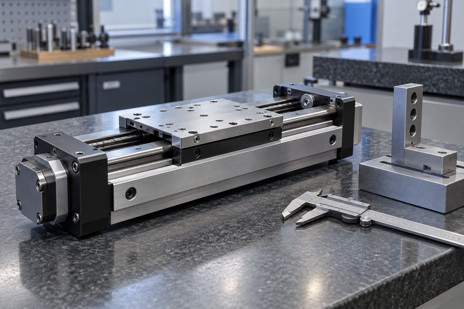 Mechanical slide module beside caliper and reference fixture on inspection bench