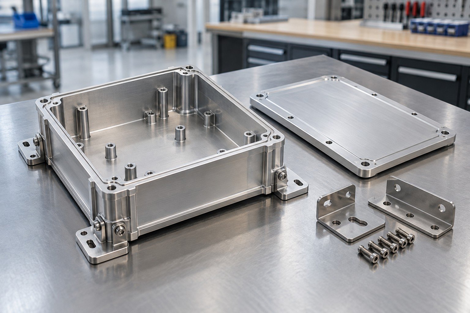 Machined industrial enclosure with removable cover, internal standoffs and metal mounting brackets; three-quarter wide view of the entire component set, separated mating pieces