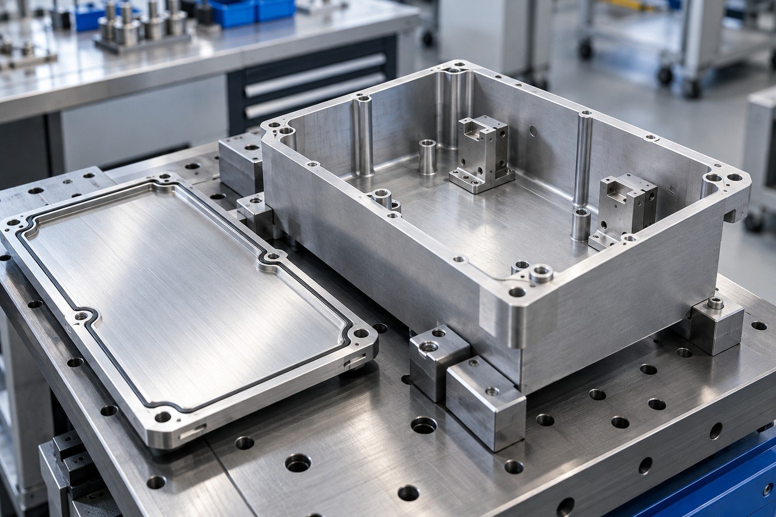 Machined industrial enclosure with removable cover, internal standoffs and metal mounting brackets; close oblique view of locating interfaces and support fixture