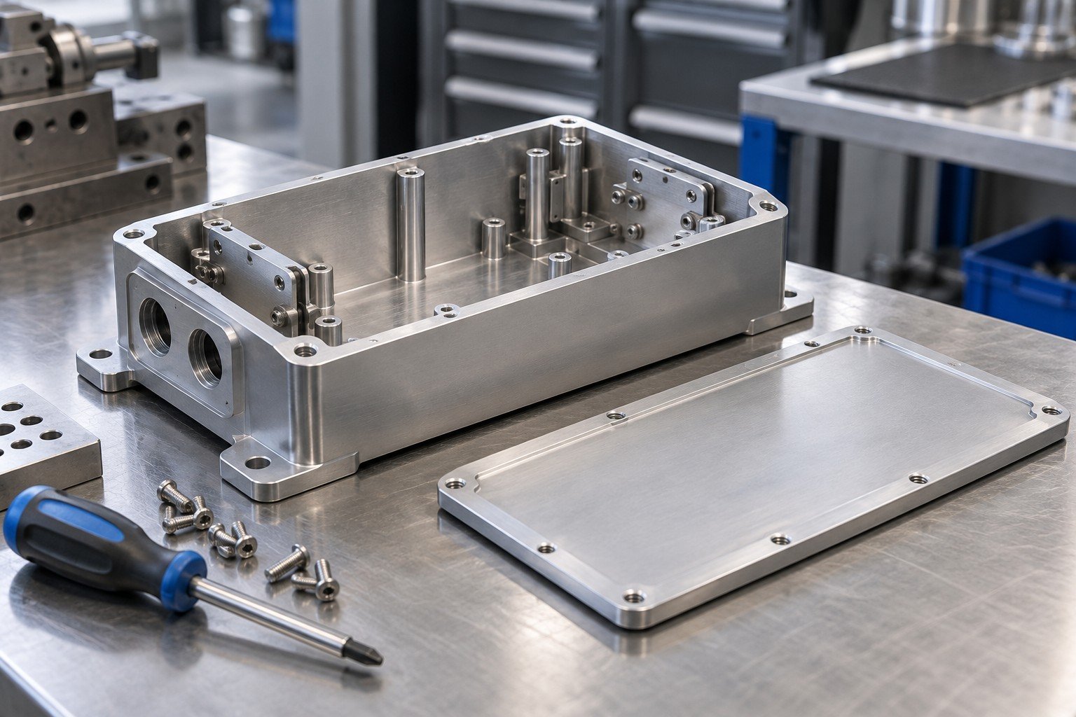 Machined industrial enclosure with removable cover, internal standoffs and metal mounting brackets; side view of partially assembled components with appropriate fixture and hand tool, no operator