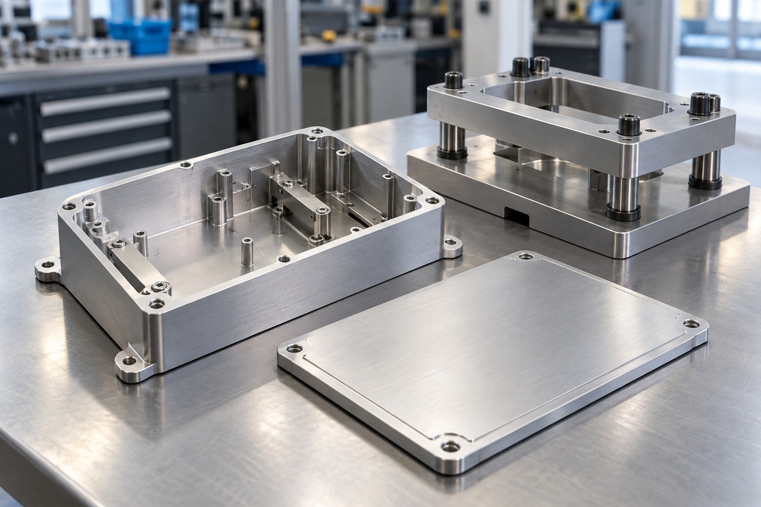Machined industrial enclosure with removable cover, internal standoffs and metal mounting brackets; finished assembly beside a simple unmarked checking fixture