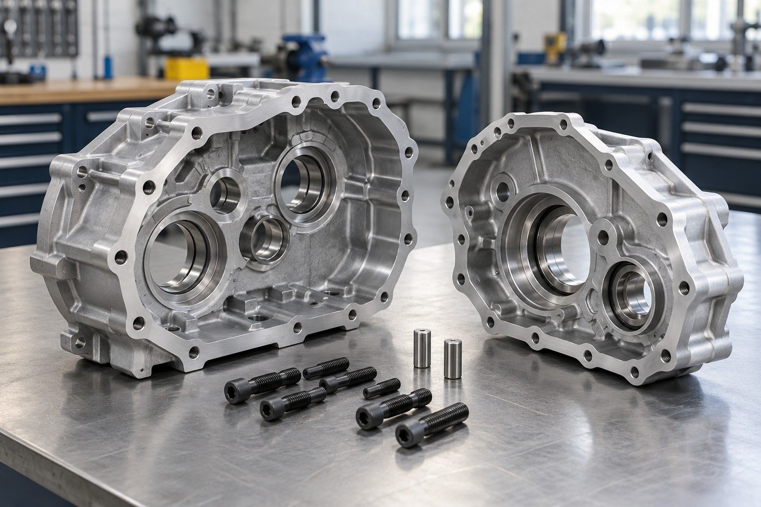 Aluminum split gearbox housing with socket head screws and locating dowels; three-quarter wide view of the entire component set, separated mating pieces