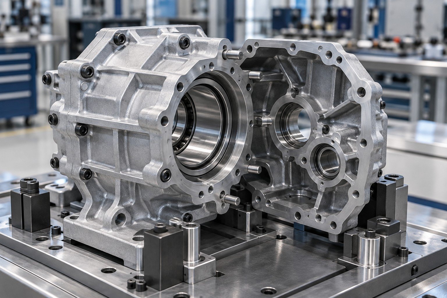 Aluminum split gearbox housing with socket head screws and locating dowels; close oblique view of locating interfaces and support fixture