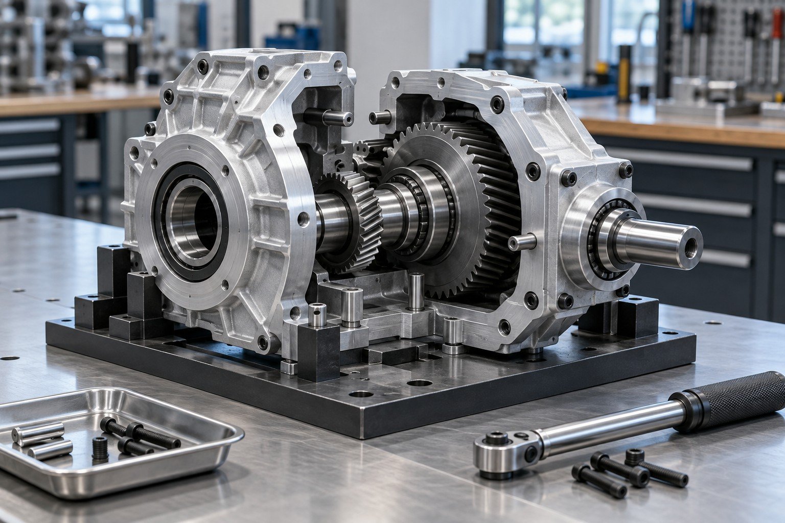 Aluminum split gearbox housing with socket head screws and locating dowels; side view of partially assembled components with appropriate fixture and hand tool, no operator