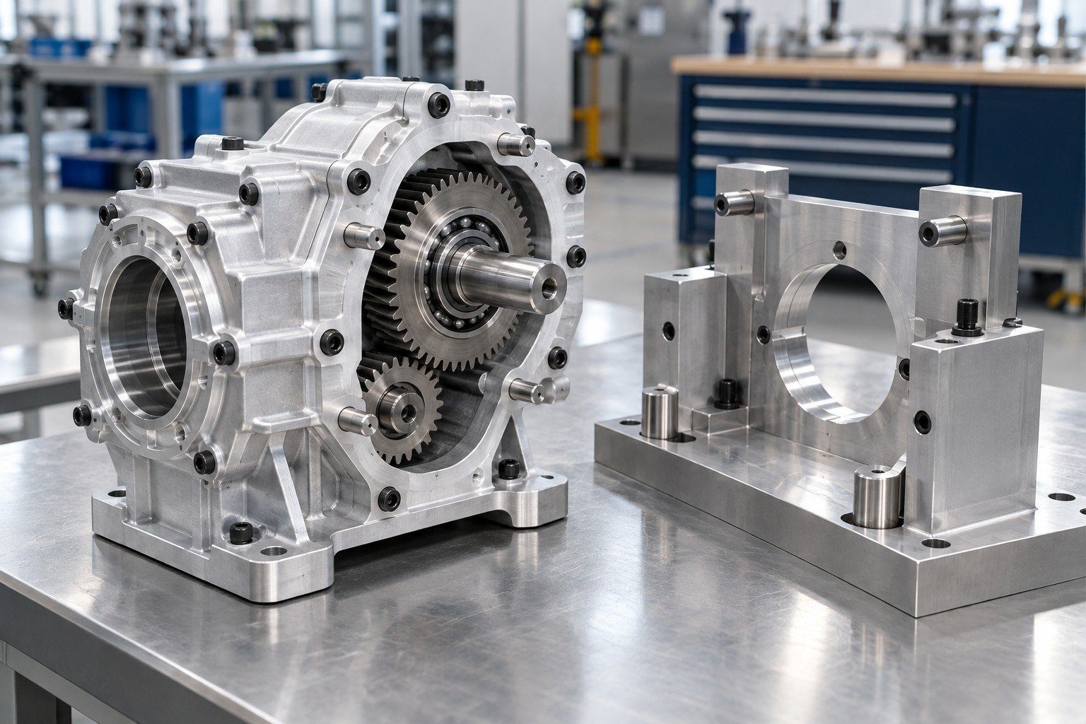 Aluminum split gearbox housing with socket head screws and locating dowels; finished assembly beside a simple unmarked checking fixture