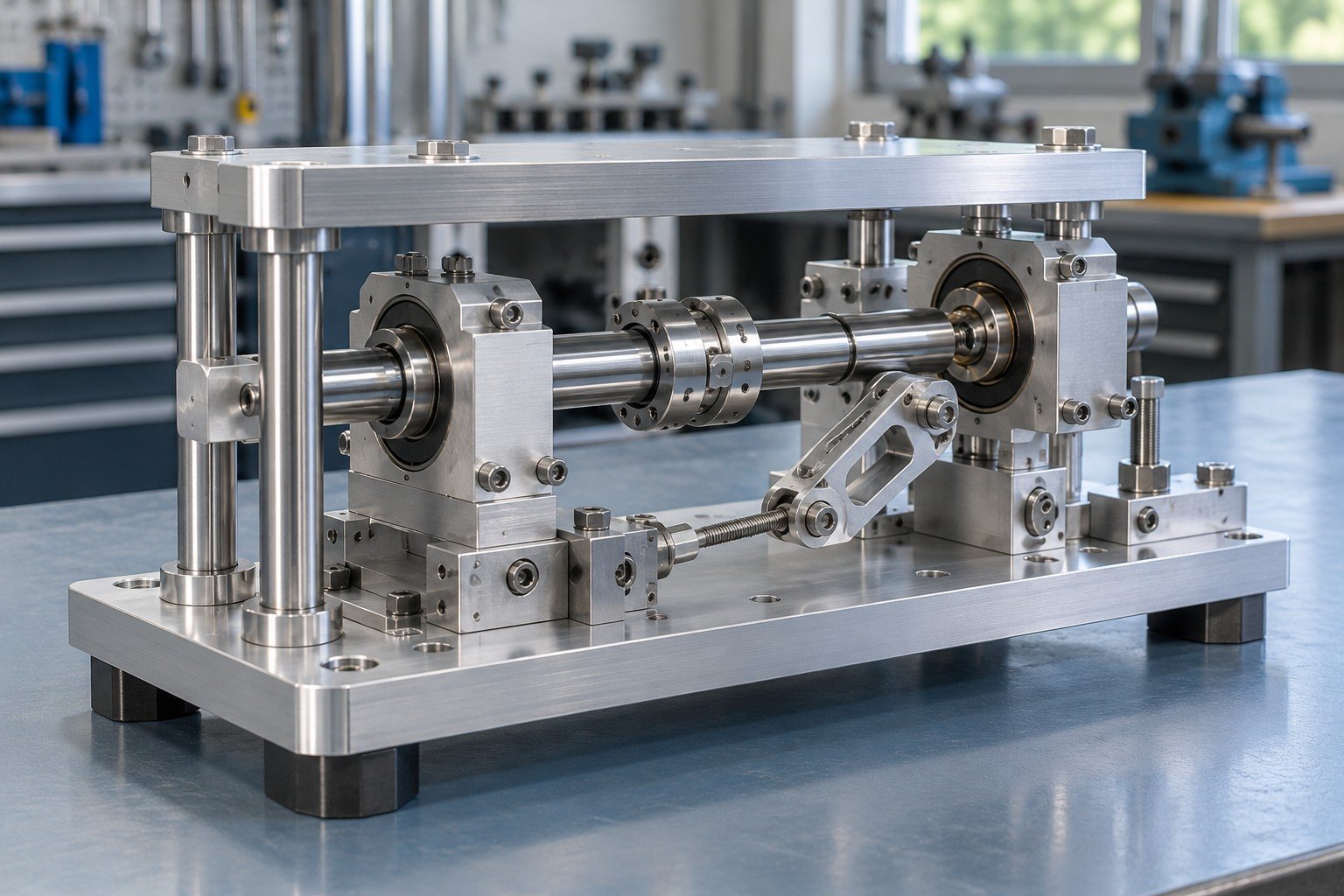 Illustrative mechanical assembly concept: linked machined plates, supported shaft, bearing blocks and fasteners