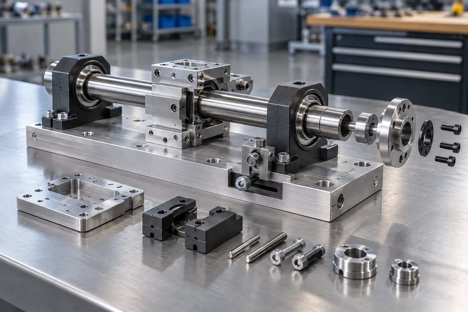 Complex mechanical subassembly with machined aluminum base, supported steel shaft, bearing blocks, adjustment bracket, dowels and discrete fasteners, assembled and partially exploded components arranged logically