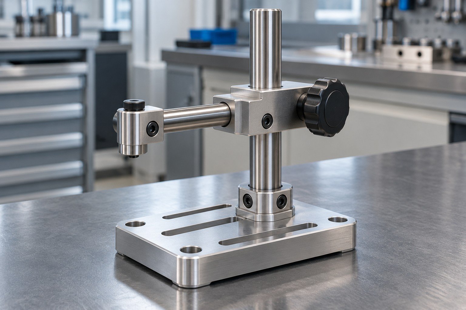 Adjustable instrument fixture with knob, steel shaft and aluminum base