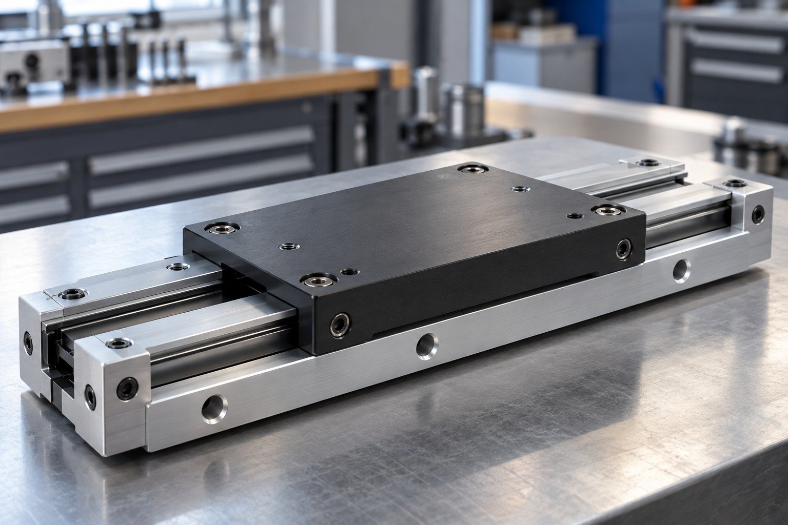 Machined black polymer wear pad and aluminum slide base