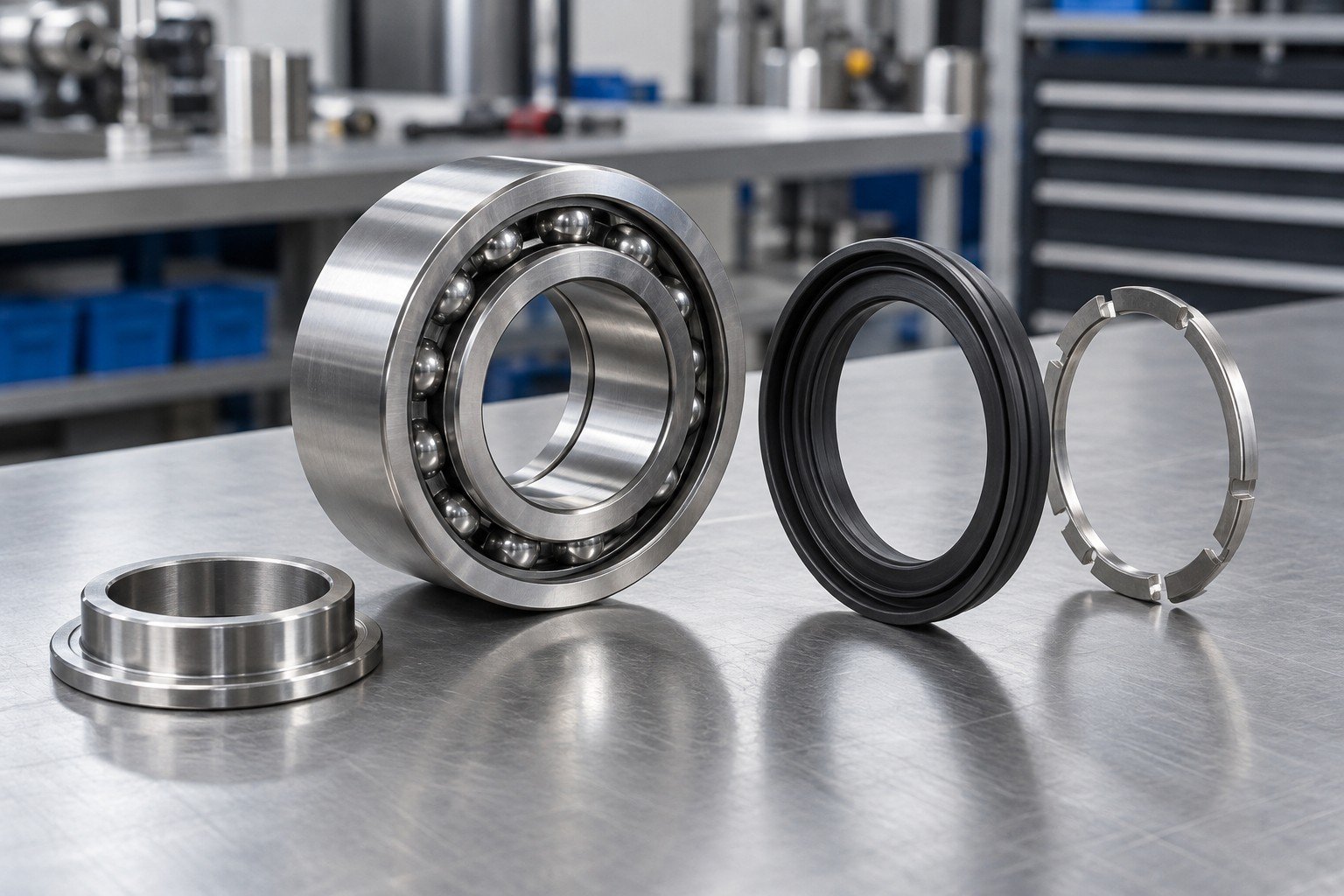 Steel bearing, polymer seal and metal retaining components arranged separately