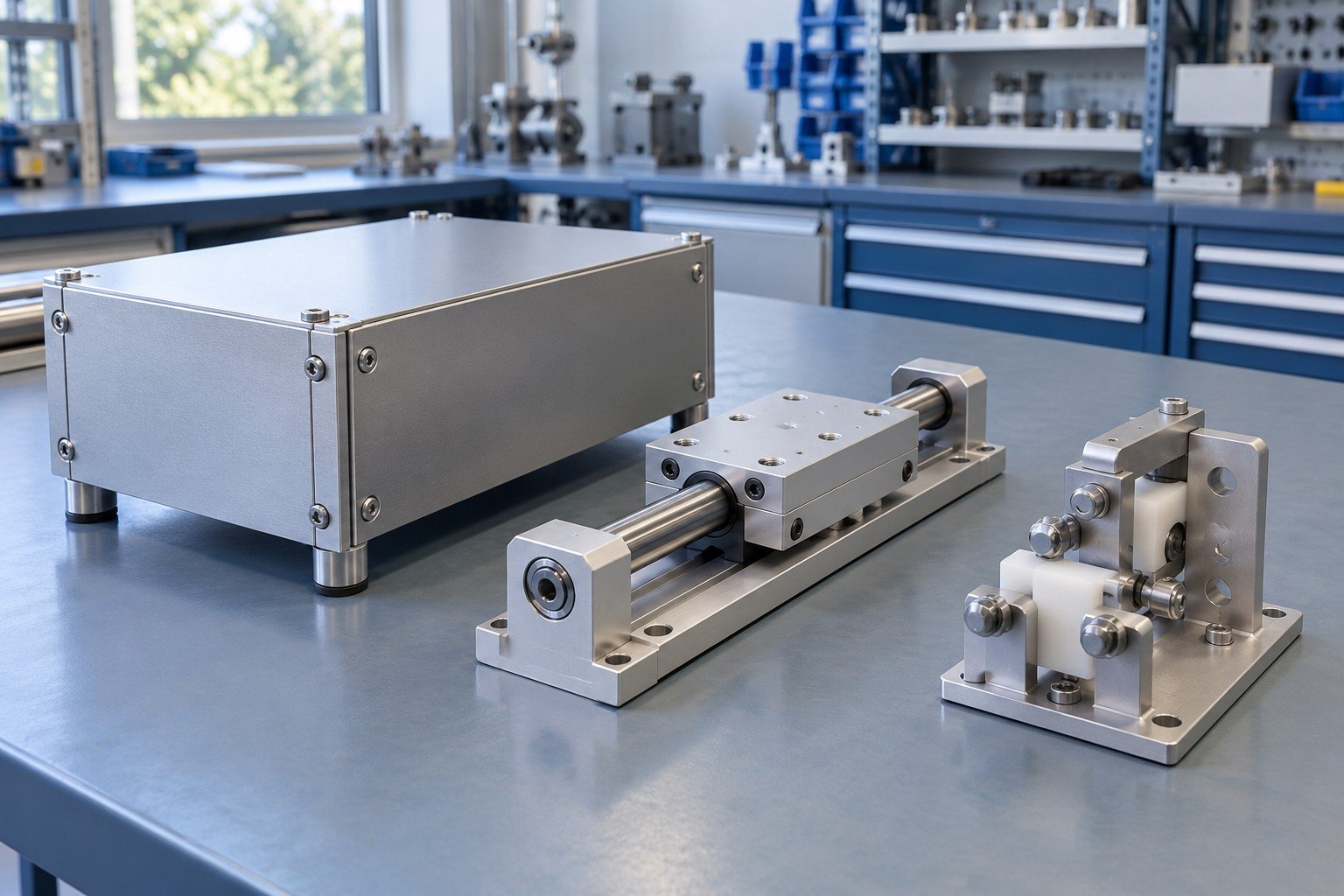 Illustrative assembly concepts: finished enclosure, linear carriage and multi-component mounting module