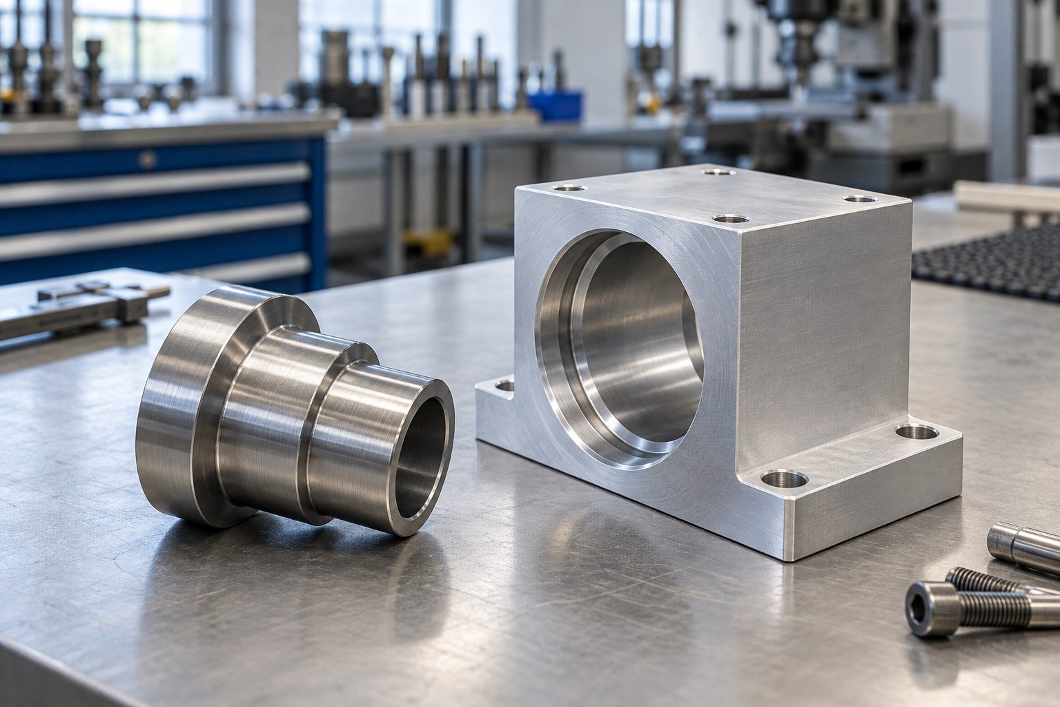 Stepped steel bushing and aluminum mounting block with coaxial receiving bore; three-quarter wide view of the entire component set, separated mating pieces