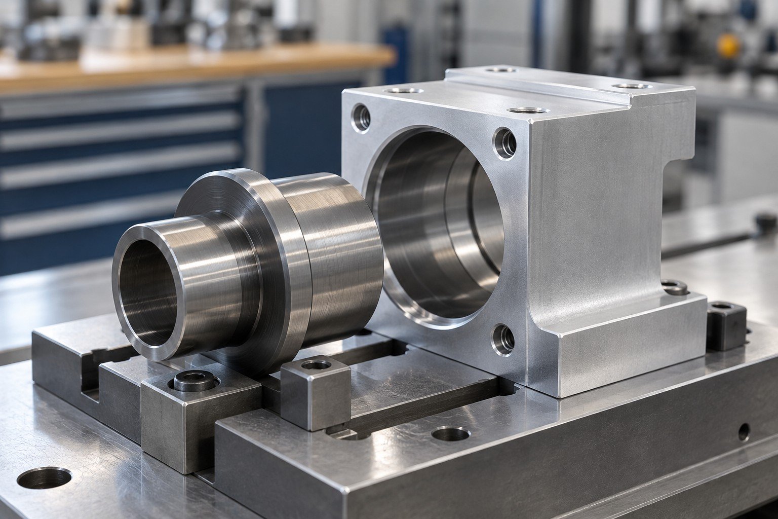 Stepped steel bushing and aluminum mounting block with coaxial receiving bore; close oblique view of locating interfaces and support fixture