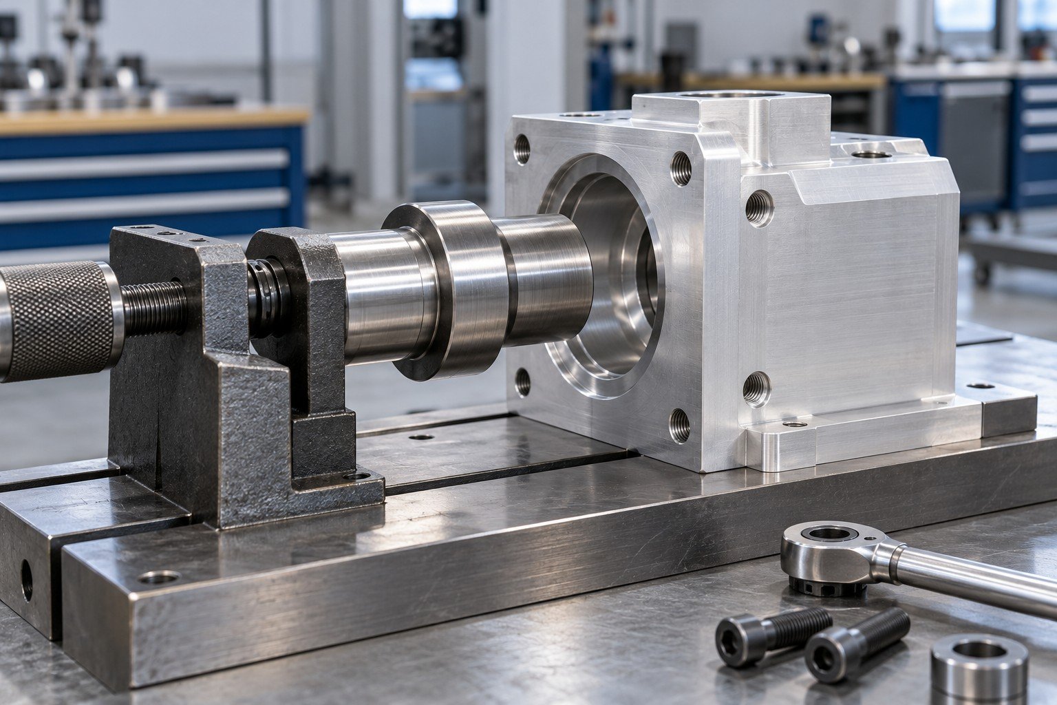 Stepped steel bushing and aluminum mounting block with coaxial receiving bore; side view of partially assembled components with appropriate fixture and hand tool, no operator