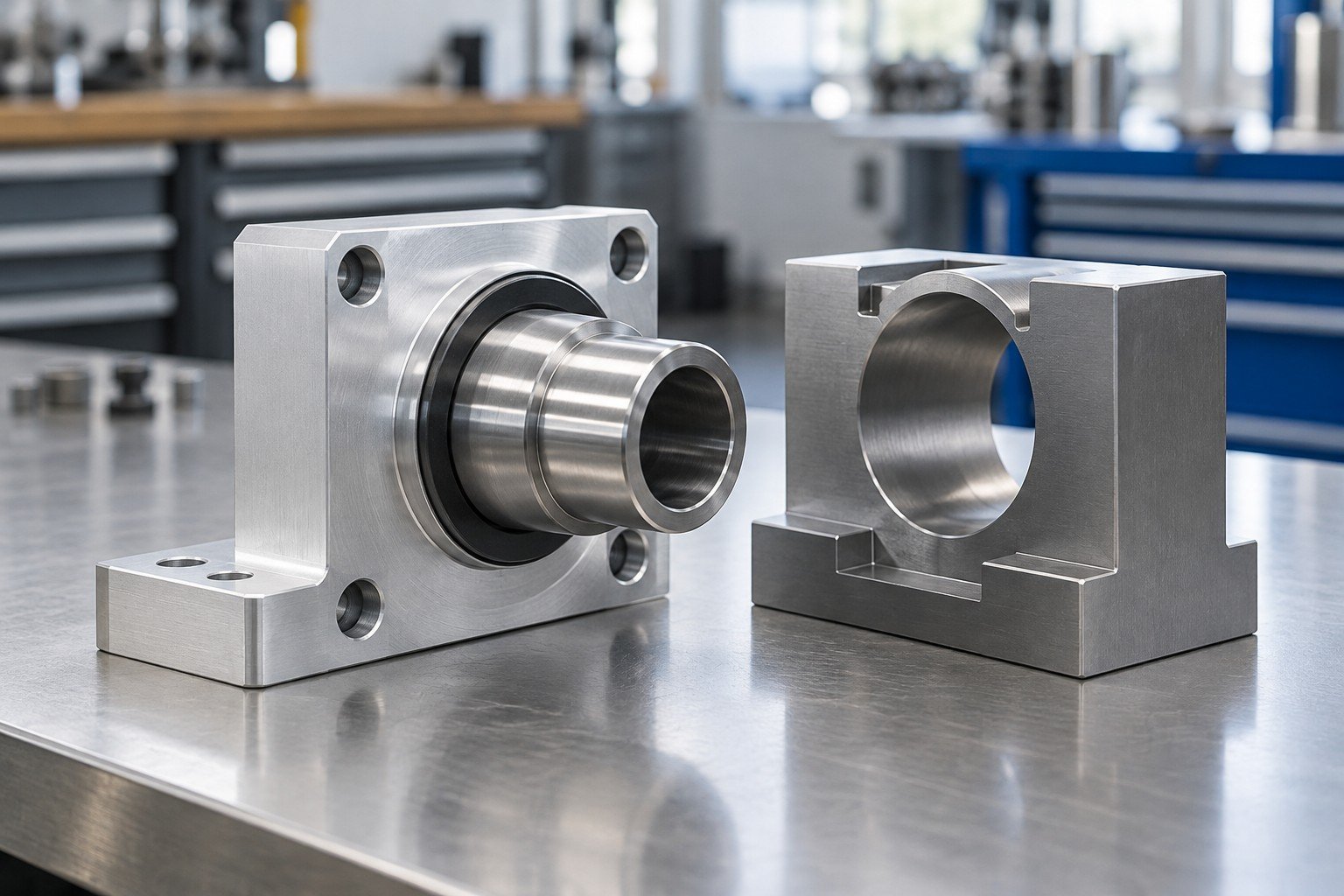 Stepped steel bushing and aluminum mounting block with coaxial receiving bore; finished assembly beside a simple unmarked checking fixture