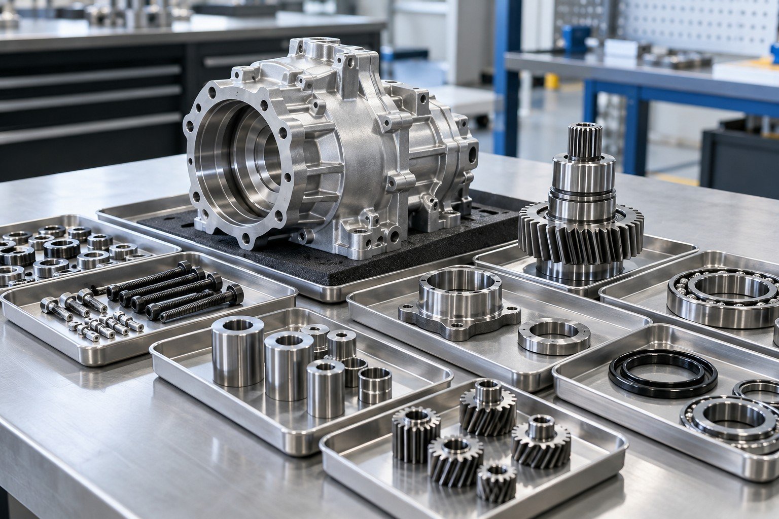 Mechanical assembly component set organized individually by geometry in clean shallow trays