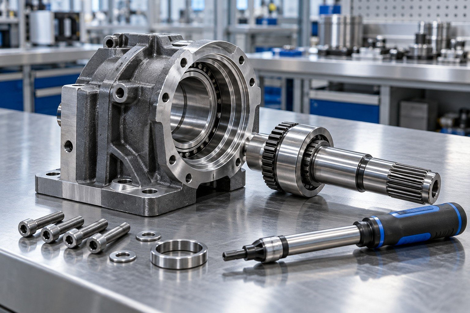 Partially assembled shaft housing beside torque screwdriver, no operator