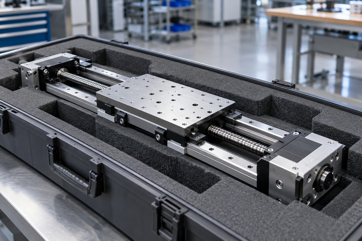 Completed mechanical carriage in fitted protective packaging