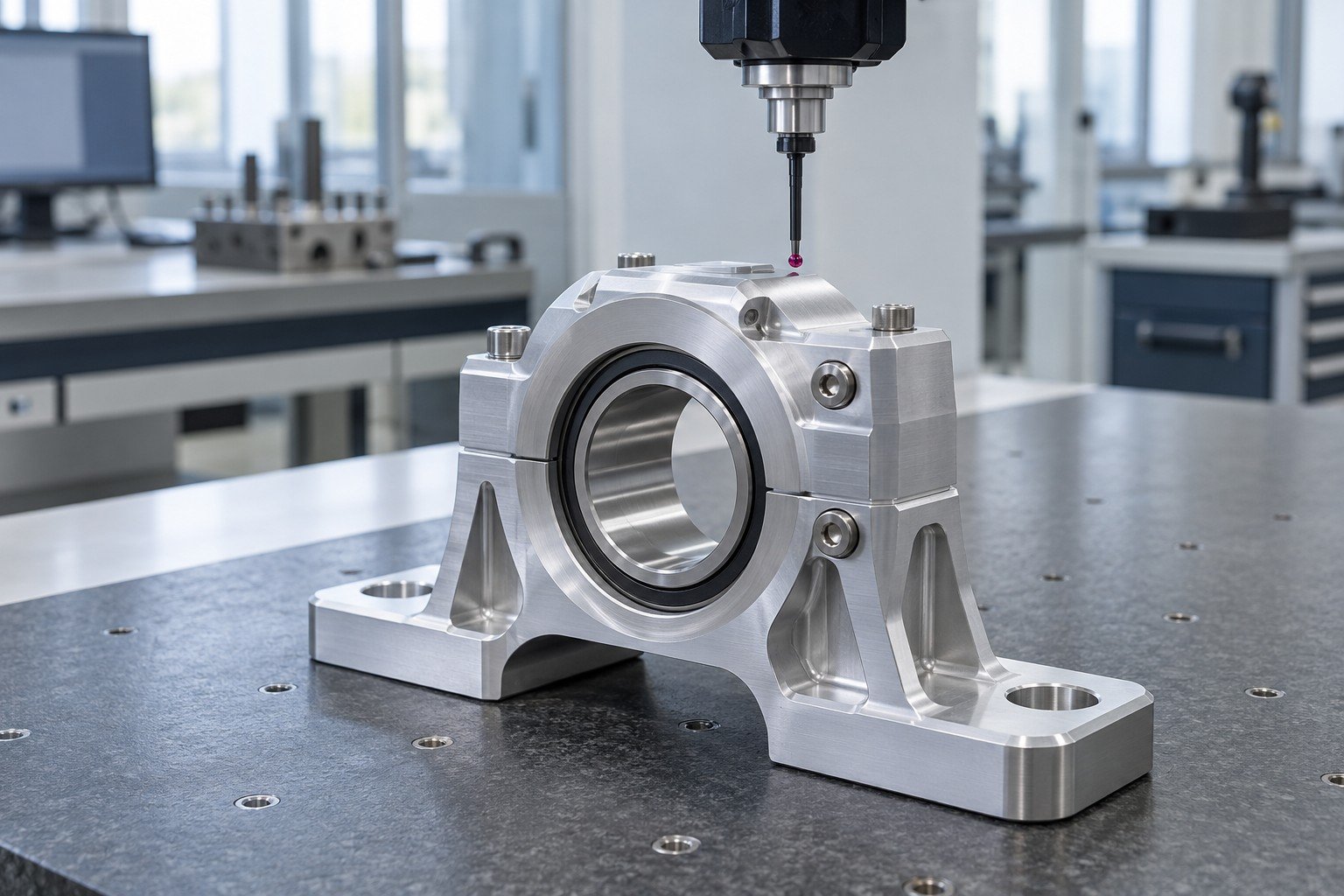 Assembled aluminum bearing bracket under coordinate measuring probe