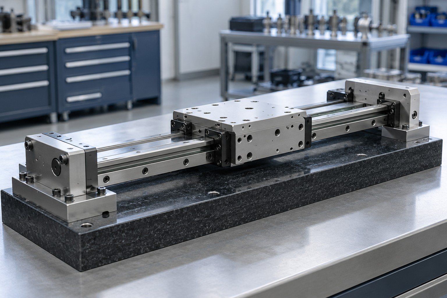 Mechanical linear slide on functional travel check fixture, no invented readings