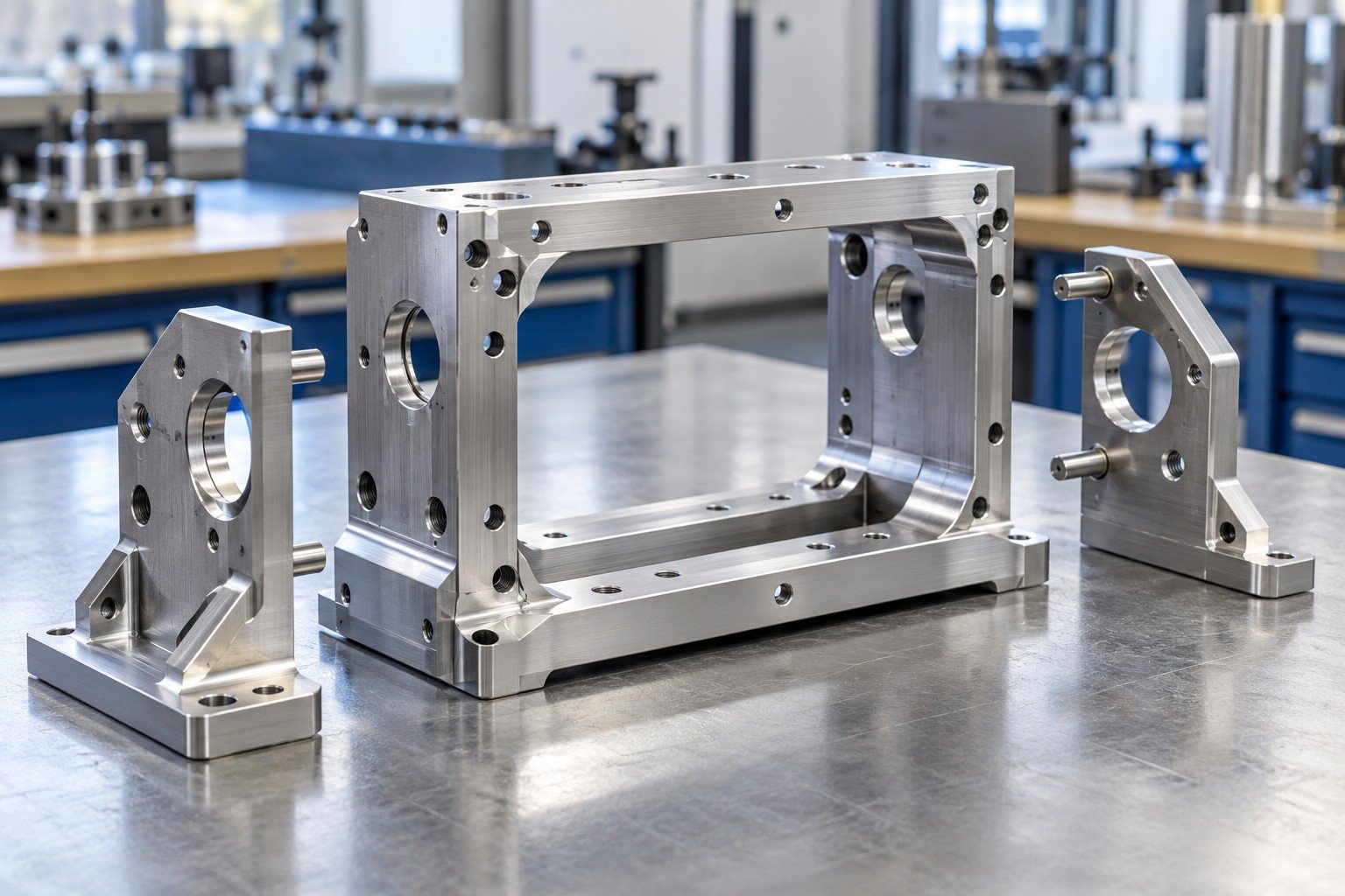 Machined frame and two mating brackets with aligned datum dowels