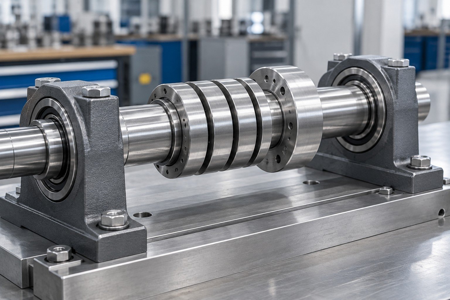 Steel spacer stack on shaft beside bearing blocks, mating gaps visible