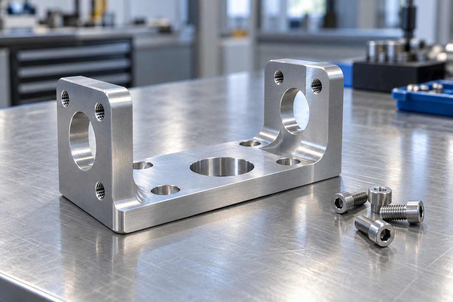 Blind threaded holes in machined aluminum bracket with correct short screws beside it