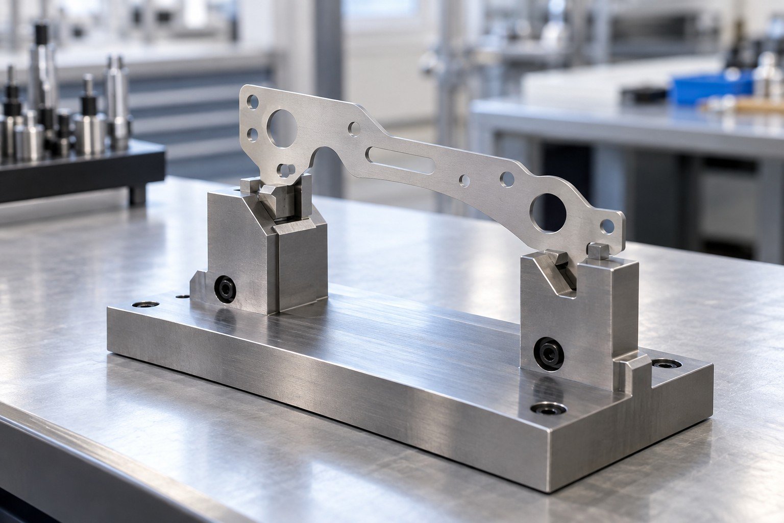 Thin metal bracket supported by matching shaped fixture