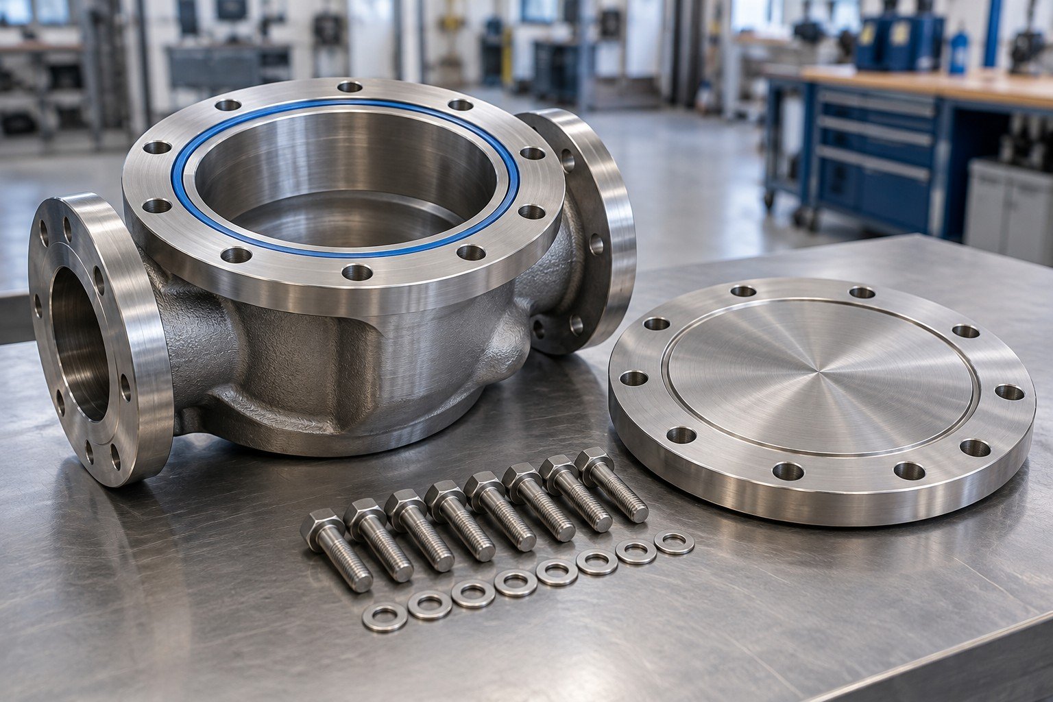 Metal flange with pristine masked gasket seat beside cover and clean fasteners