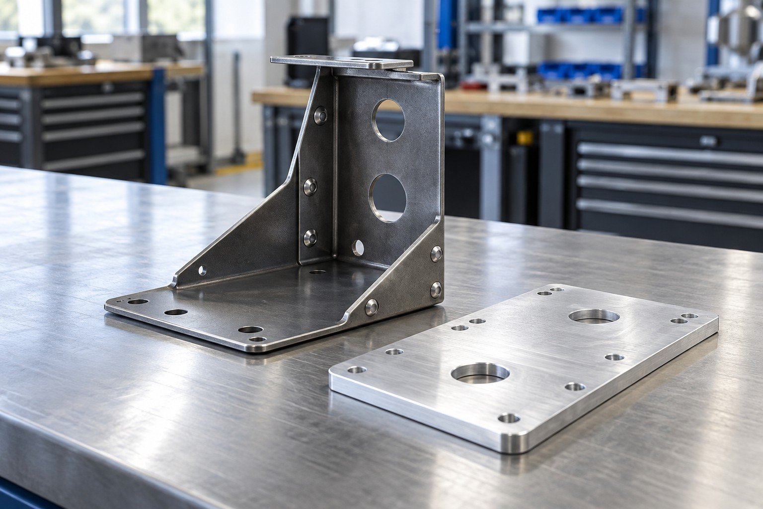Folded steel equipment bracket joined to aluminum plate with accessible rivets; three-quarter wide view of the entire component set, separated mating pieces
