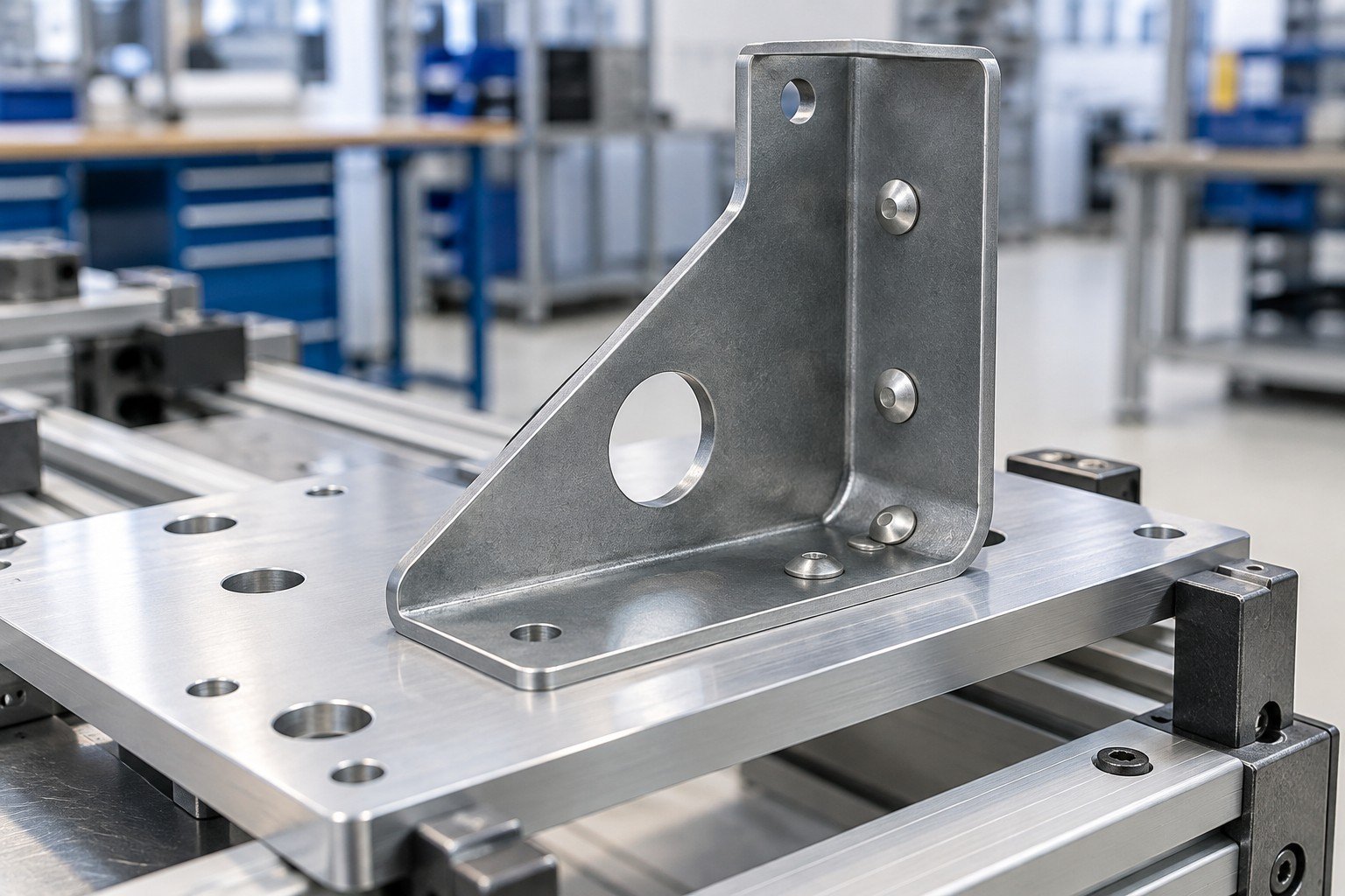 Folded steel equipment bracket joined to aluminum plate with accessible rivets; close oblique view of locating interfaces and support fixture