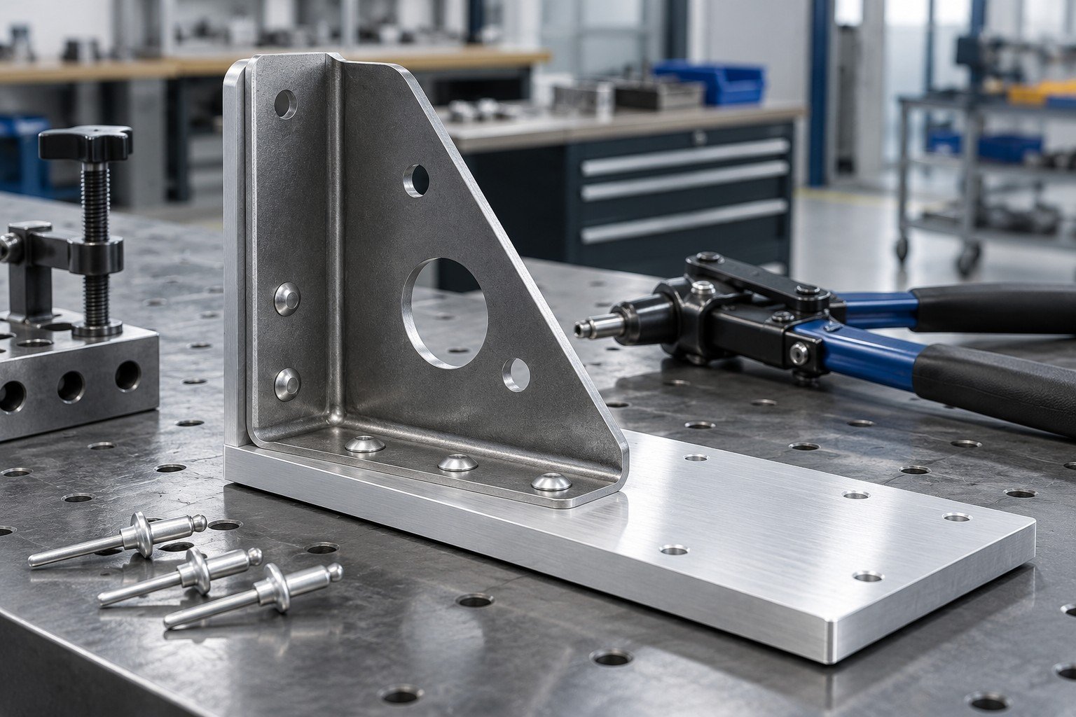 Folded steel equipment bracket joined to aluminum plate with accessible rivets; side view of partially assembled components with appropriate fixture and hand tool, no operator