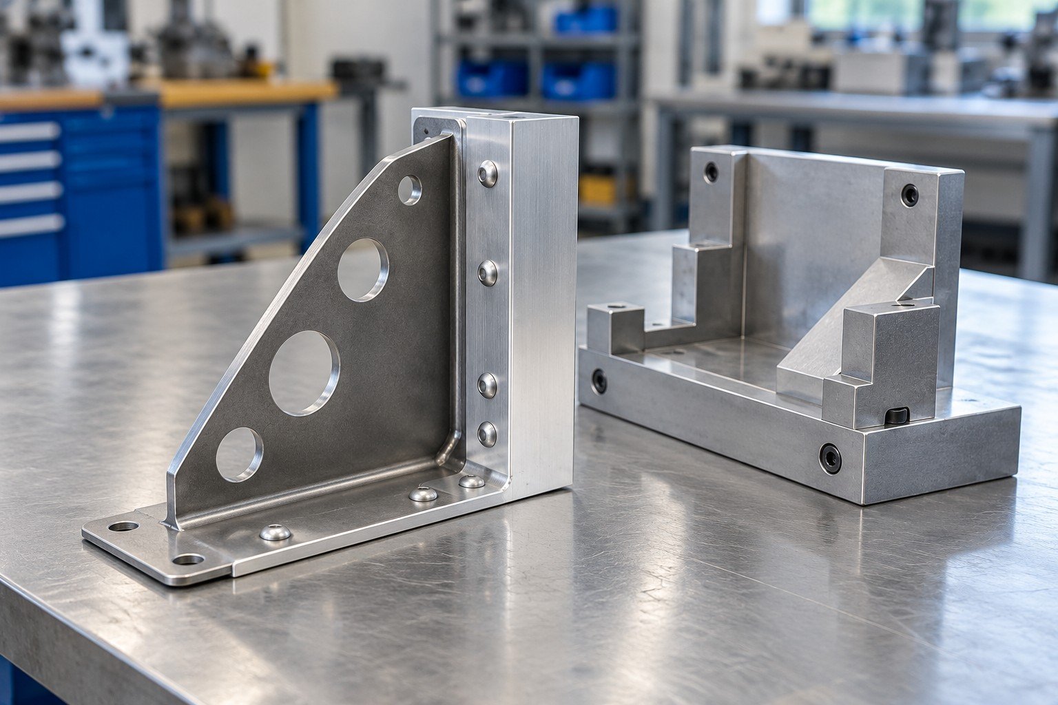 Folded steel equipment bracket joined to aluminum plate with accessible rivets; finished assembly beside a simple unmarked checking fixture