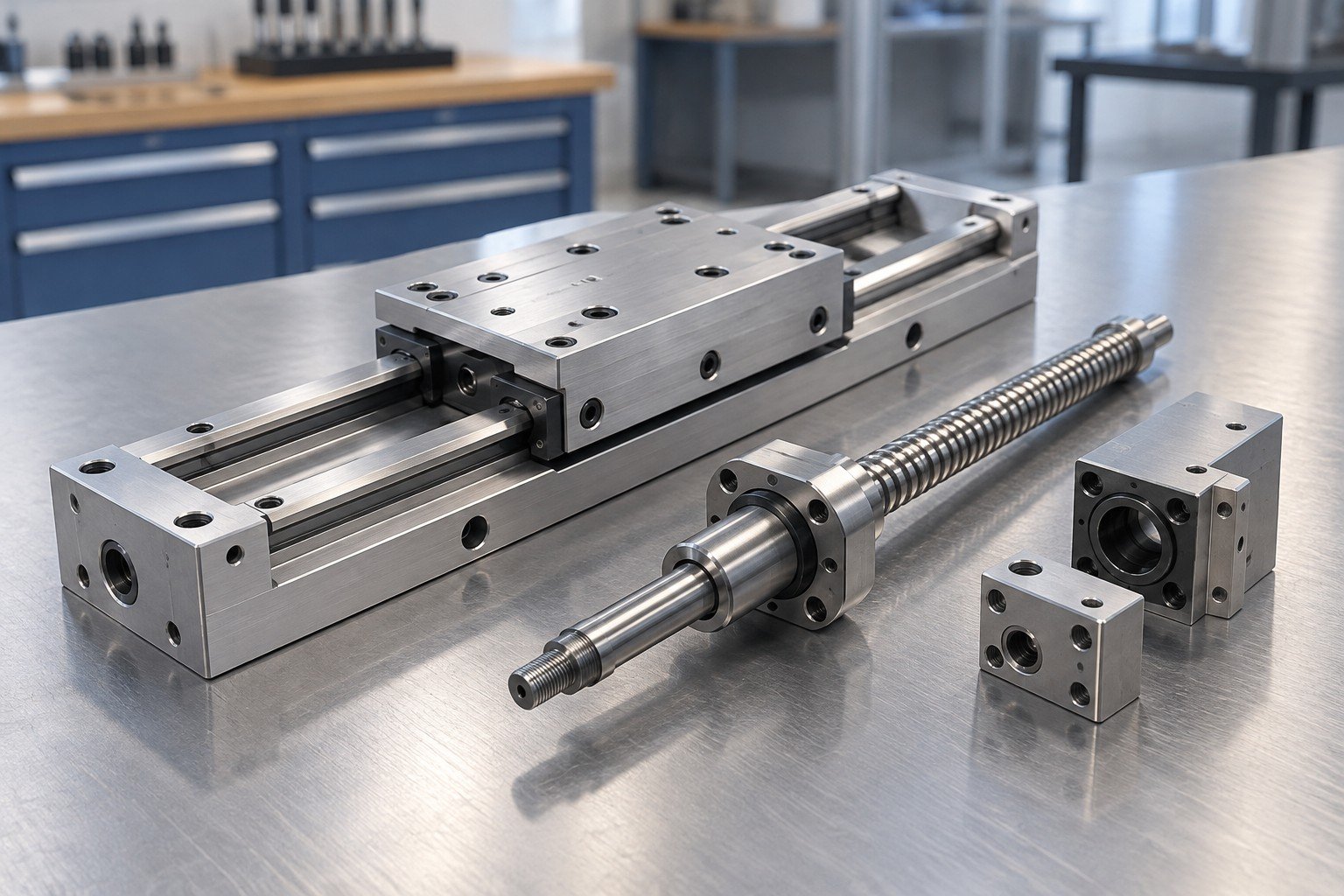Compact linear adjustment subassembly with slide carriage, machined base and threaded adjustment shaft; three-quarter wide view of the entire component set, separated mating pieces