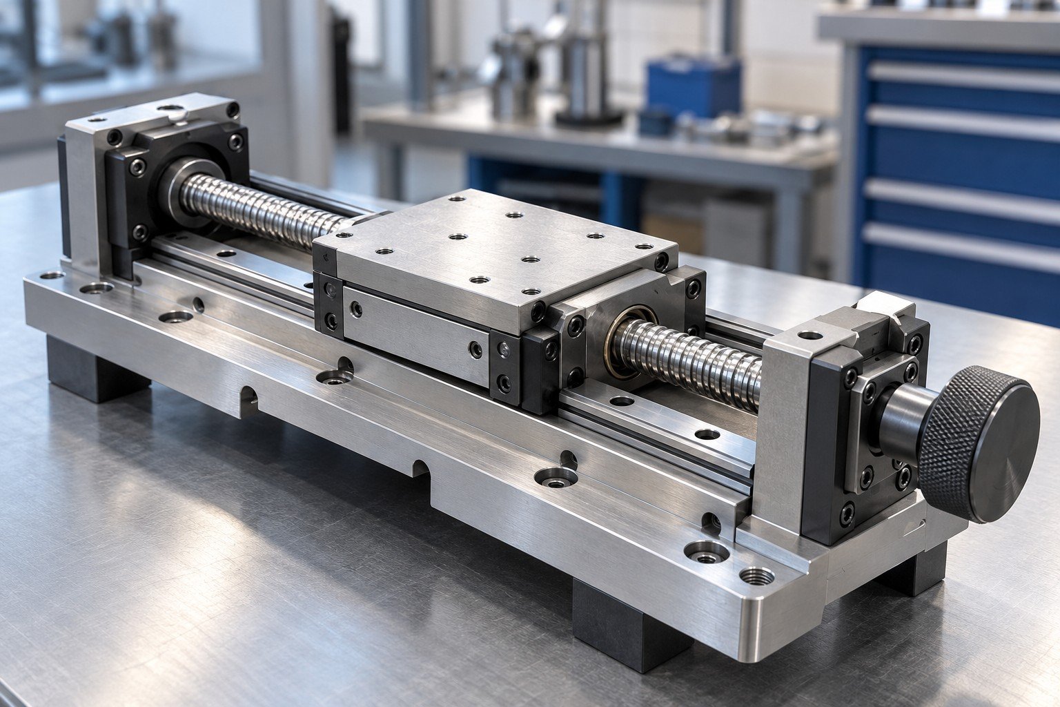 Compact linear adjustment subassembly with slide carriage, machined base and threaded adjustment shaft; close oblique view of locating interfaces and support fixture